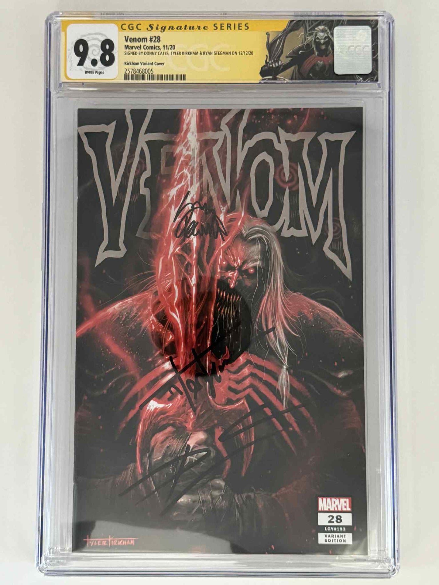 [Triple Signed by Tyler Kirkham | Donny Cates | Ryan Stegman] Venom #28 CGC 9.8 Yellow Label Tyler Kirkham Exclusive Var