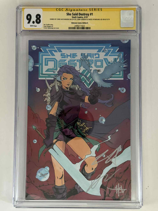 [Triple Signed by Chris Hutchinson | Liana Kangas | Creees Hyunsung Lee] She Said Destroy #1 CGC 9.8 Yellow Label Creees Exclusive Var