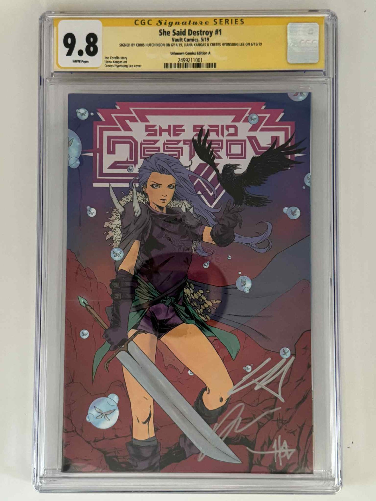 [Triple Signed by Chris Hutchinson | Liana Kangas | Creees Hyunsung Lee] She Said Destroy #1 CGC 9.8 Yellow Label Creees Exclusive Var