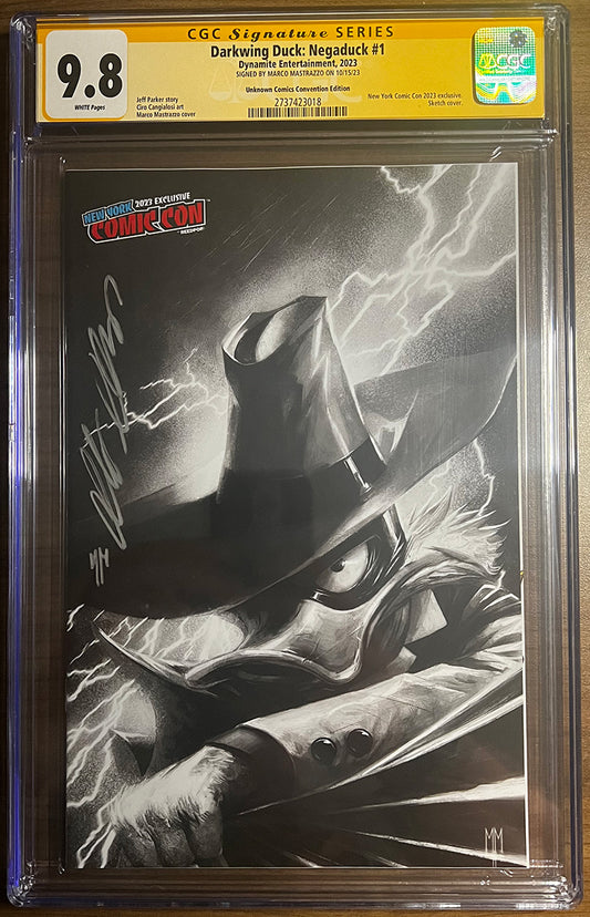 CGC 9.8 YELLOW LABEL DARKWING DUCK: NEGADUCK #1 NYCC UNKNOWN COMICS B&W VIRGIN SIGNED BY MARCO MASTRAZZO (05/08/2024)